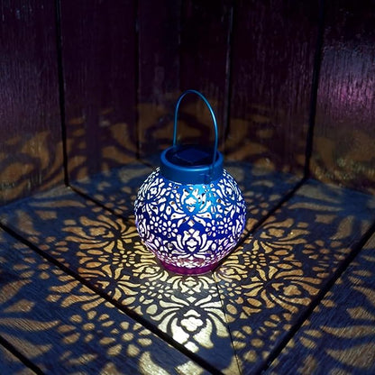 2 Pack Outdoor Solar Hanging Lantern Lights Metal LED Decorative Lamp for Garden Patio Courtyard Lawn and Table with Hollowed-Out Design (Royal Purple)