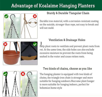 2 Pack Hanging Planters Set,10 Inch Indoor Outdoor Hanging Plant Pot Basket,Hanging Flower Pot with Drainage Hole with 3 Hooks for Garden Home… (Black Hanger Black Planters)