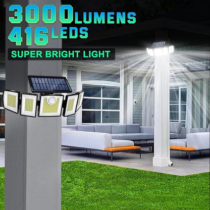 Solar Lights Outdoor Waterproof Motion Sensor - 416 LEDs 3000 Lumens Super Bright 3 Brightness 3 Modes 2400mAh 360° Illumination 32ft Solar Flood Security Light for Outside (‎With Remote Control, 4)