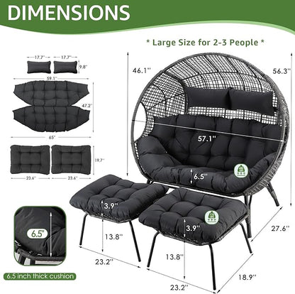 NICESOUL Indoor Outdoor Double Egg Chair with Footrest Padded Cushion, Oversized Wicker Twin Egg Shaped Chair Wide Seater with Ottoman, 2 People Loveseat Gray for Patio Porch Balcony
