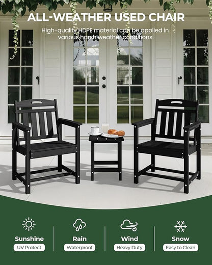 Set of 2 Weatherproof Patio Chairs - HDPE Outdoor Dining Chairs with Wide Seat, Ergonomic Design - for Garden, Backyard, Deck - Black
