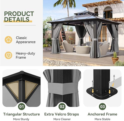 Aoxun 12'x12' Hardtop Gazebo, Aluminum Frame Permanent Pavilion with Curtains and Netting, Outdoor Polycarbonate Double Roof Canopy, Designed for Garden, Lawns, Patio, Gray