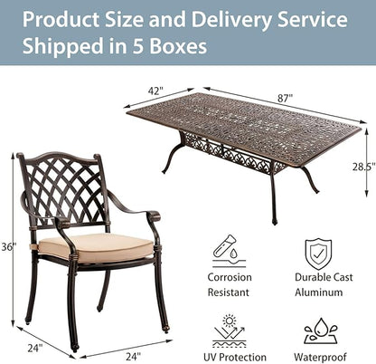 9-Piece Cast Aluminum Patio Furniture, Outdoor Dining Sets for 8 Include 87" Rectangular Patio Dining Table and 8 Stackable Chairs with Cushions & Umbrella Hole (Bronze)