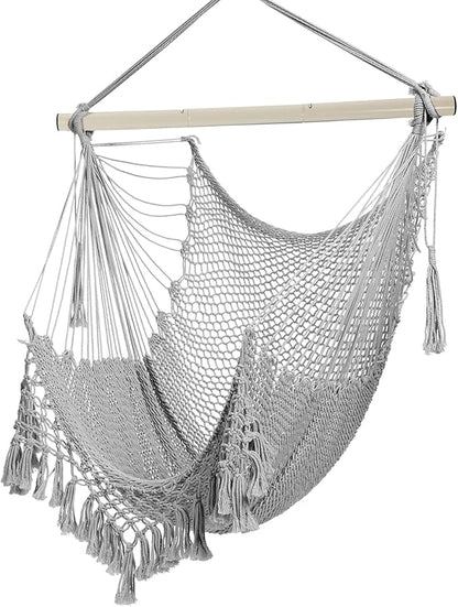 Hammock Chair，Max 330lbs, Large Hanging Chair, Soft Cotton Rope Swing Chair with High Load-Bearing Metal Rod,Indoor Outdoor Garden Yard Living Room Use
