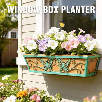 4 Pack 24 Inch Window Boxes Planter Railing Planters Box with Adjustable Brackets for Porch Deck Balcony Hanging Butterfly Decorative Flower Baskets & Non-Woven Fabric Liner for Outdoor Plants - Green