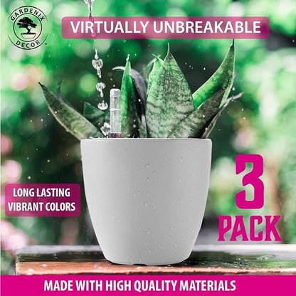 GARDENIX DECOR Self Watering Pots for Indoor Plants 3 Pack - Flower Pot with Water Level Indicator for Plants, Grow Tracking Tool - Self Watering Planter Plant Pot - Coco Coir - White