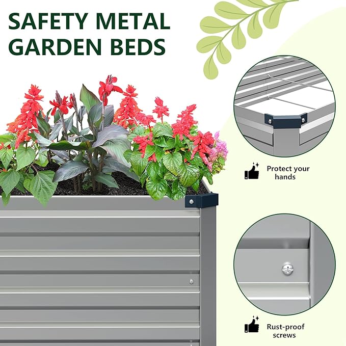 Vengarus 2 Pack 12x4x1FT Galvanized Raised Garden Bed Kit, Outdoor Metal Planter Box for Vegetables, Rectangular Steel Container, Easy Assembly (Sliver)