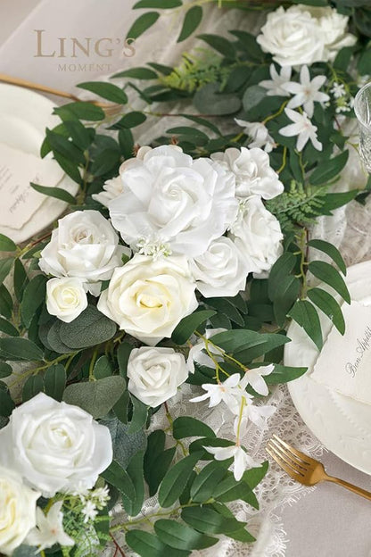 Artificial Flower Garland, 6 Ft Eucalyptus and Rose Ivory White Wedding Decor