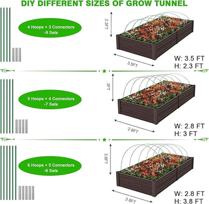 60pcs Garden Hoops for Raised Beds Wide, 8ft Greenhouse Hoops Grow Tunnel for Row Cover Netting, Adjustable Fiberglass Rust-Free Garden Bed Plant Hoops Support DIY Frame Stake for Outdoor, 40pcs Clips