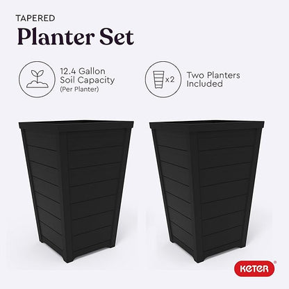 Keter Set of 2 Modern 22‑Inch Tall Outdoor Flower Pots – Large Resin Tapered Planters for Outdoor Plants, Front Porch & Patio Decor, Wood‑Look Design, Graphite