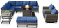 Belord Patio Sectional Furniture Set with Fire Pit Table: 8 Pieces Wicker Patio Conversation Set with L Shaped Sofa, Outdoor Swivel Glider Rocker, Rattan Ottomans, Removable Cushions Blue
