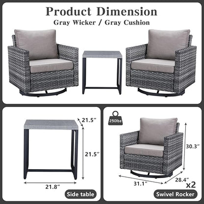 Belord Outdoor Bistro Set 3 Piece Wicker Swivel Rocker Patio Chairs, Oversize Outdoor Rattan Seating Set, Patio Swivel Glider Chairs Wicker Furniture with Metal Side Table for Outside Porch Backyard