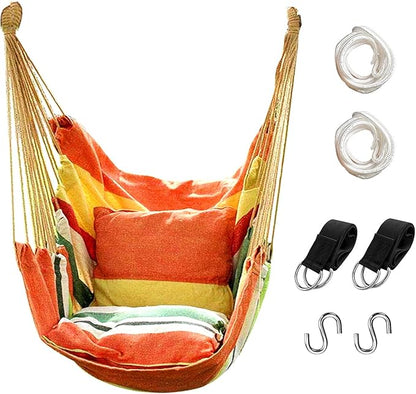 Hommtina Hammock Chair Hanging Rope Swing, Max 300 Lbs Hanging Chair with Pocket & Durability Perfect for Outdoor, Home, Bedroom, Patio, Yard (Pillows NOT Included,Orange)