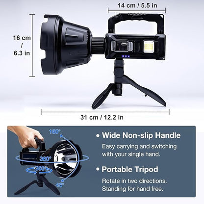 Solar Rechargeable Spotlight 3,000,000L High Lumens, Super Bright Led Spot Lights Outdoor Handheld Long Range Flashlight with 6 Modes, 3 Colored Filters, Tripod, USB C for Fishing Boating
