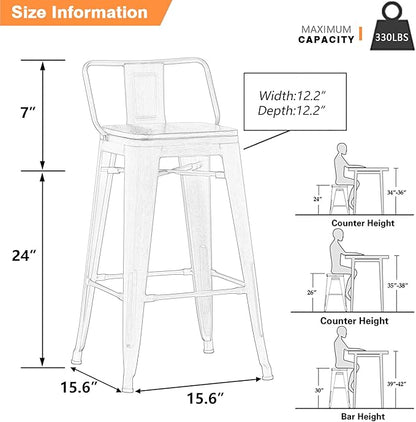 Yongchuang 24 inch Barstools Set of 4 Counter Height Bar Stools Farmhouse Kitchen Metal Bar Chairs with Wood Seat Low Back Silver