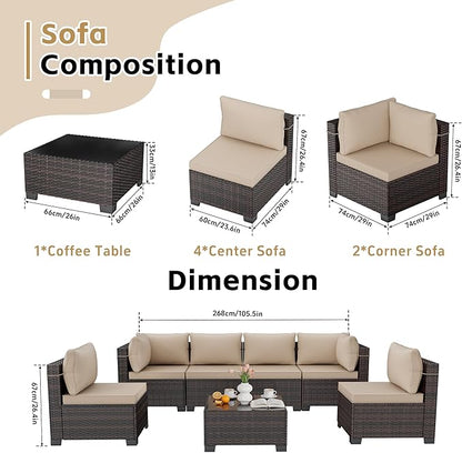 LEVELEVE 7 Pieces Outdoor Patio Furniture Sets,Rattan Conversation Sectional Set,Manual Weaving Wicker Patio Sofa with Tea Table