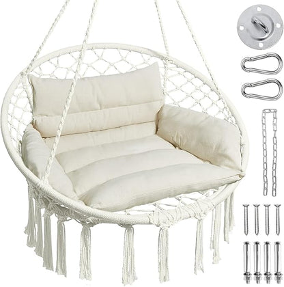 Greenstell Hammock Chair, Macrame Swing Chair with Comfy Cushion, Boho Hanging Chair for Outdoor & Indoor, Perfect for Bedroom, Patio, Balcony, Hold up to 350Lbs, White