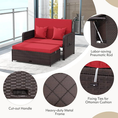 Nightcore Wicker Patio Outdoor Daybed, Outdoor Chaise Lounger w/ 4-Level Adjustable Backrest, Retractable Side Trays, Storage Ottoman, Comfortable & Removable Cushions, Rattan Loveseat (Red)