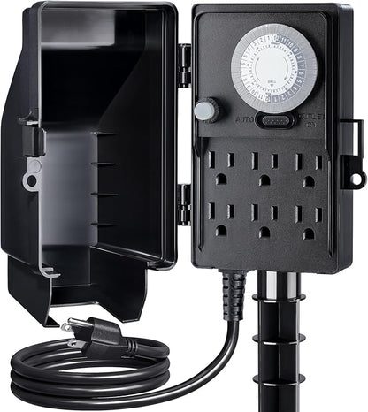 SURAIELEC Outdoor Power Stake, 24-Hour Mechanical Light Timer, Electrical Power Strip Weatherproof, 6FT Extension Cord Multiple Outlets Plug for Patio Lights, Halloween Decorations. Outdoor Light