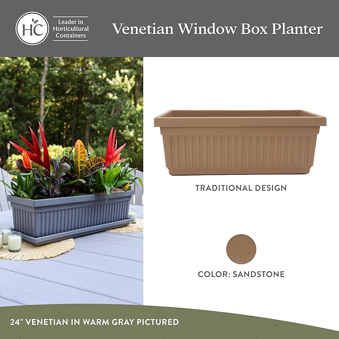 The HC Companies 24 Inch Venetian Window Planter Box with Drainage Plug, Lightweight UV-Resistant Plastic Indoor & Outdoor Planters, 2-Pack Flower Box for Garden & Home Decor, Sandstone