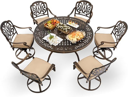 7-Piece Cast Aluminum Patio Furniture, Patio Dining Set for 6 Include 54" Round Outdoor Dining Table and 6 Swivel Chairs with Cushions & Umbrella Hole (Bronze)