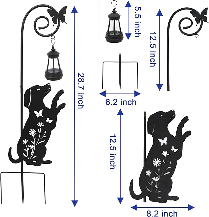 Solar Dog Lantern Garden Stakes - Outdoor Decorative Solar Lights for Yard, Patio, Pathway - Weatherproof Metal Dog Stake with Auto Night Lighting