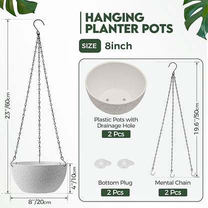 T4U 8 Inch Hanging Planters for Indoor Plants, 2 Pack Hanging Planter, Hanging Plant Pots with Drainage Holes and Chain, Hanging Basket Pots for Garden Home Porch Decor, White