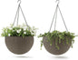 Keter Resin Rattan Set of 2 Round Hanging Planter Baskets for Indoor and Outdoor Plants-Perfect for Porches and Patio Decor, Cappuccino