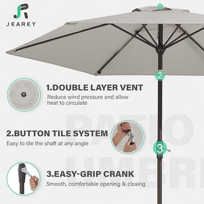 JEAREY 7.5FT Patio Umbrella Market Table Umbrella with 6 Sturdy Ribs, Push Button Tilt/Crank Outdoor Umbrella for Garden, Deck, Backyard, Pool and Beach,Light Grey