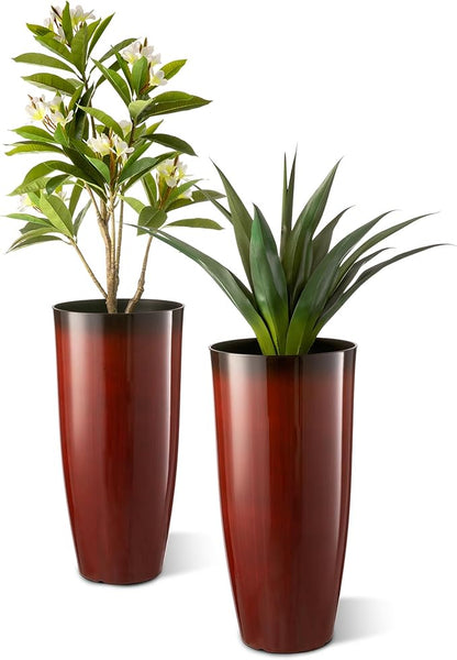 Glitzhome 30" H Oversized Tall Planter, Set of 2 Large Outdoor Planters with Drainage Holes, Gradient Red Faux Ceramic Finish, Large Flower Pots Plastic Plant Pots for Indoor Outdoor Front Door Patio