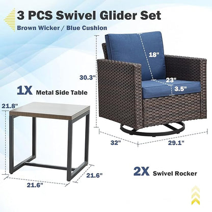 Belord Outdoor Bistro Set 3 Piece Wicker Swivel Rocker Patio Chairs, Oversize Outdoor Rattan Seating Set, Patio Swivel Glider Chairs Wicker Furniture with Metal Side Table for Porch Backyard, Brown