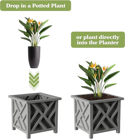 Lattice Design Outdoor Planter Box 2-Pack - 14.75” Square 13” Tall Gray Decorative Plant Pots for Front Porch Decor - Flower Pots Outdoor Planters for Porch Patio or Garden Decor by Pure Garden
