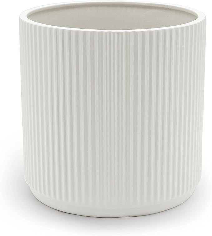 Amazon Basics Fluted Ceramic Round Planter with Drainage Hole, Indoor Outdoor Flower Pot, 10-inch, White
