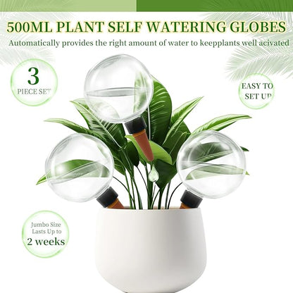 3 Pack Self Watering Globes for Indoor Plant Plastic Water Bulbs 17.5 oz Automatic Watering Planter Insert Top Fill with Slow Release Control Plants Watering Devices System, Water Spikes Stakes