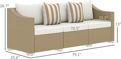 Outsunny 3 Seater Patio Sofa, Wicker Sofa with Cushions, Outdoor Furniture Rattan Couch with 2 Throw Pillows, Deep Seating, for Garden, Backyard, Porch, Cream White