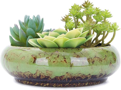 VanEnjoy 7.3 inch Round Large Shallow Succulent Ceramic Glazed Planter Pots with Drainage Hole, Bonsai Pots Garden Decorative Cactus Stand Flower Container (Green)