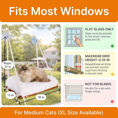 Cat Hammock with Industrial-Grade Suction Cups - Solid Pine Wood Seat, Soft Cushion - 42 lb Capacity