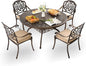 5-Piece Cast Aluminum Patio Furniture, Outdoor Dining Sets for 4 Include 54" Round Patio Dining Table and 4 Stackable Chairs with Cushions & Umbrella Hole (Bronze)
