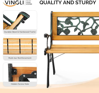 VINGLI Outdoor Bench Metal Garden Bench, Wood Patio Benches w/PVC Backrest Cast Iron Love Seat Park Benches for Porch Yard (Rose)
