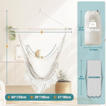 Chihee Hammock Chair Super Large Soft-Spun Cotton Rope Weaving Hanging Chair, Collapsible Strong Metal Spreader Bar Wide Seat Lace Stretch Swing Chairs Indoor Outdoor Garden Yard Theme Decoration