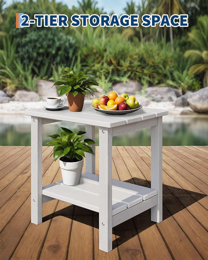 GarveeLife Outdoor Side Table 2-Tier, 18 in HDPE All Weather Resistant Patio Side Tables for Outside, End Table for Patio Pool Deck Indoor Backyard, White-2Pcs