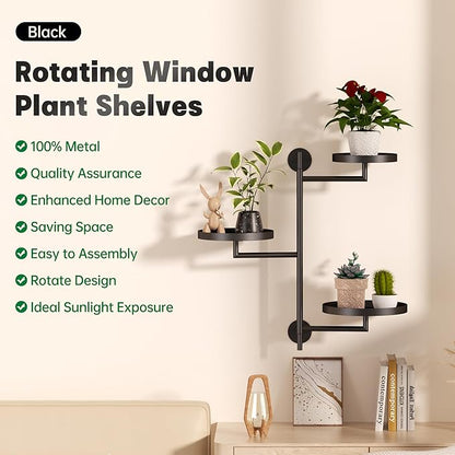 Window Rotating Plant Stand Shelf Indoor Black Metal Floating Shelves 3-Tier Wall Mount Plant Holders for Living Room Wall Planter Modern Home Decor for Gardening