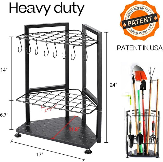 Storage Rack Yard Tool Organizer, Free Standing Iron Corner Unit, 31 Holes