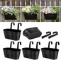 Metal Railing Planters for Outdoor Plants - 5 Pcs Balcony Hanging Flower Pots with Detachable Hooks & Drain Holes, Windowsill Oval Hanging Bucket Pots Fence Planters for Garden Home Decor, Black