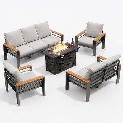 Aoxun Aluminum Outdoor Patio Furniture Set, 8-piece Outdoor Sectional with 44'' Propane Gas Firepit Table, Patio Conversation Sets with Upgraded Armrests and Cushions for Backyard, Garden and Poolside