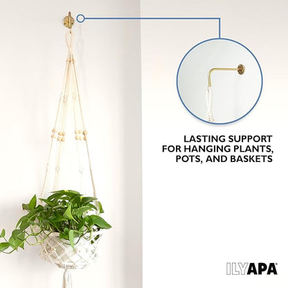 Ilyapa 4 Pack Metal Plant Wall Hanger Hooks - 7 in. Hook for Hanging, Baskets, and Macrame, Indoor Hangers in Rustic Brass Finish, Wall Planters