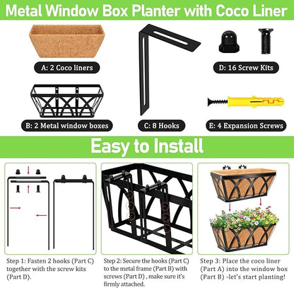 Riare 2 Pack 16 Inch Metal Railing Planter Window Box with Coco Liner- Adjustable Window Flower Boxes for Railings, Hanging Rail Planters for Deck, Balcony, Porch, Fence, Indoor Outdoor Plants