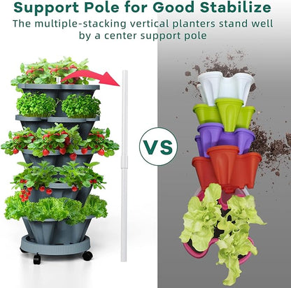 7 Tiered Strawberry Vertical Planters Tower Garden 2 Pack, Stacking Herb Vegetable Planter with Support Pole Indoor and Outdoor - Dark Grey