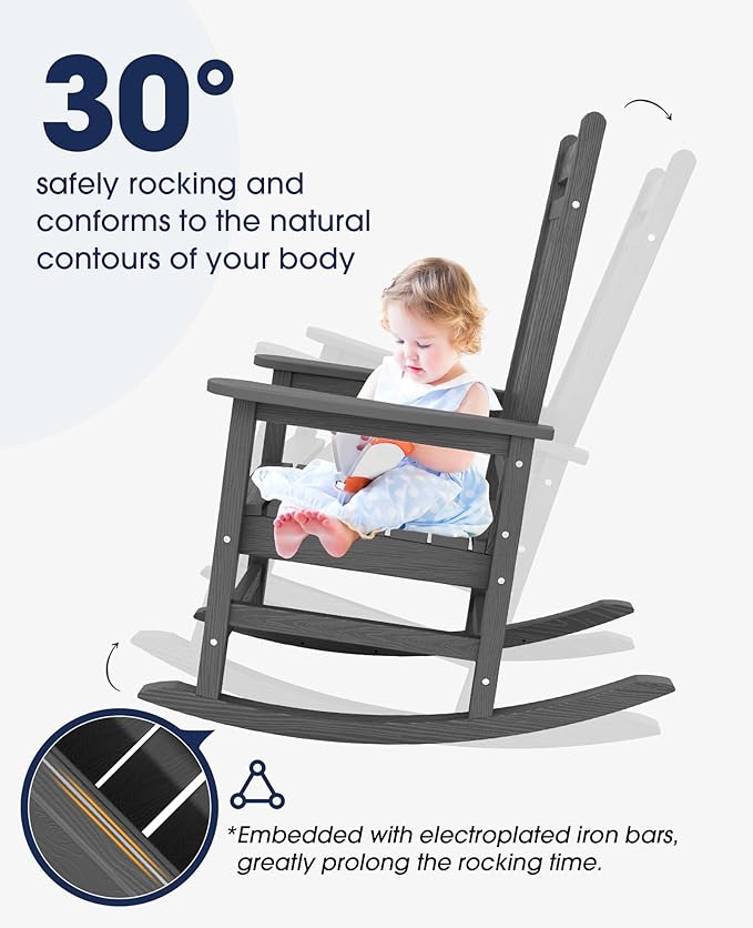 Rocking Chairs Set of 2, Gray HDPE Outdoor Chairs with 350 lb Capacity