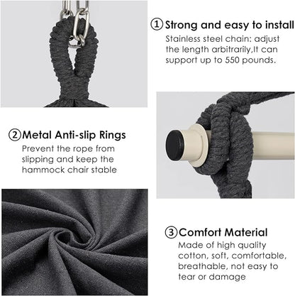Y- STOP Hammock Chair Hanging Rope Swing Chair, Max 500 Lbs, 2 Seat Cushions Included, Removable Steel Spreader Bar with Anti-Slip Rings, Hardware kit-for Indoor Outdoor(Dark Grey) pcs